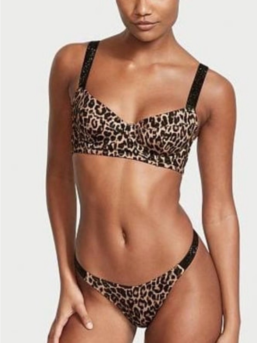 Victoria's Secret Shine Strap Wicked Swim Top 34D & Brazilian Bottoms XS Leopard